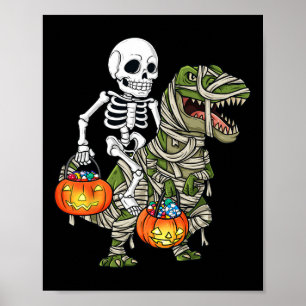 Póster Halloween Skeleton Riding Mummy Dinosaur T Rex Fun