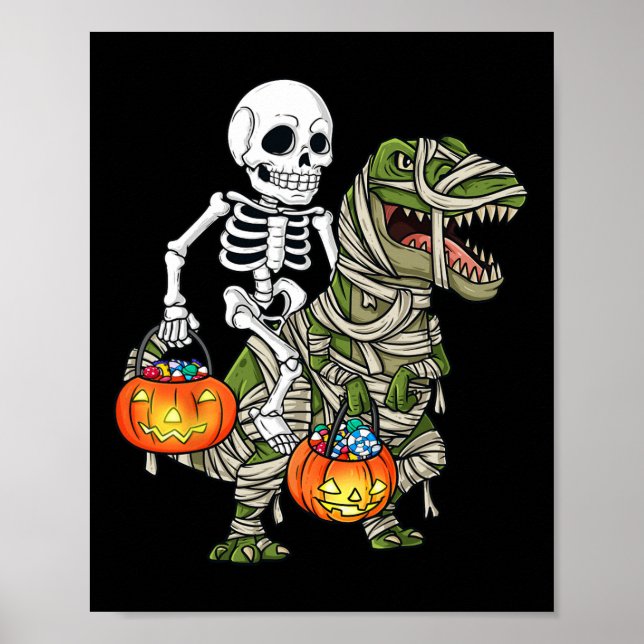 Póster Halloween Skeleton Riding Mummy Dinosaur T Rex Fun (Frente)