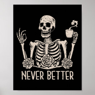 Póster Halloween Skeleton Skull Mujeres tomando café Nev