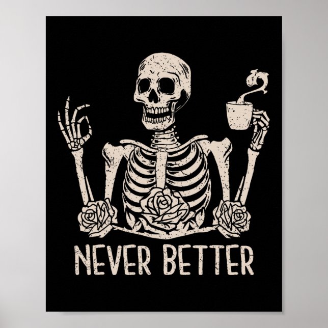 Póster Halloween Skeleton Skull Mujeres tomando café Nev (Frente)