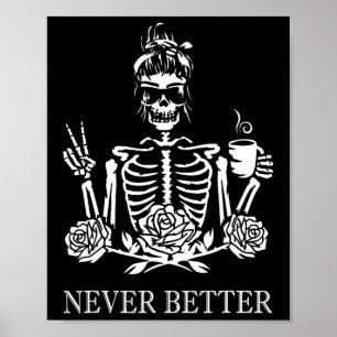 Póster Halloween Skeleton Skull Mujeres tomando café Nev