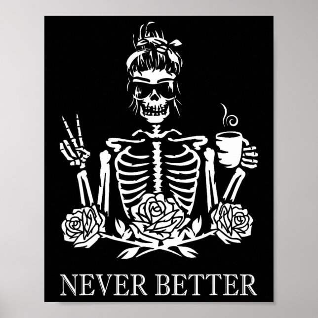 Póster Halloween Skeleton Skull Mujeres tomando café Nev (Frente)