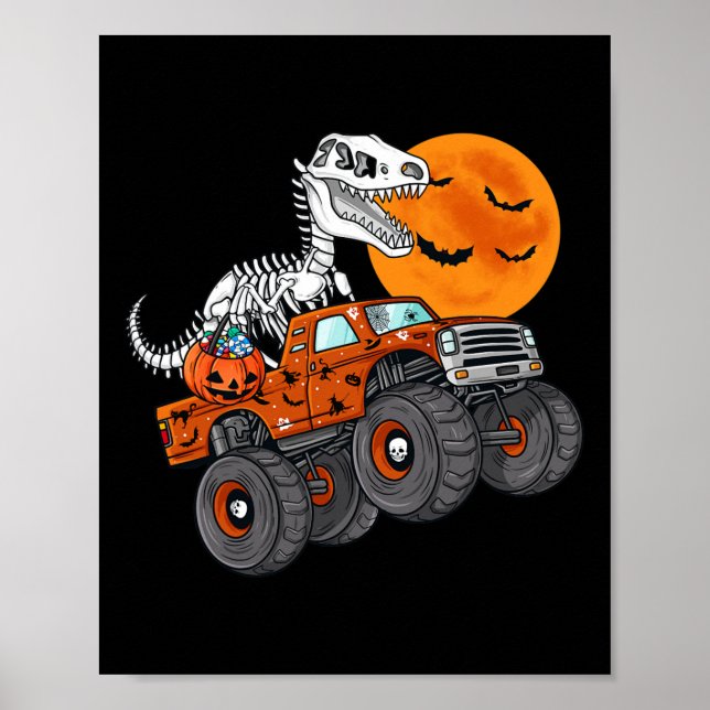 Póster Halloween Skeleton T Rex Monster Truck Niños T (Frente)