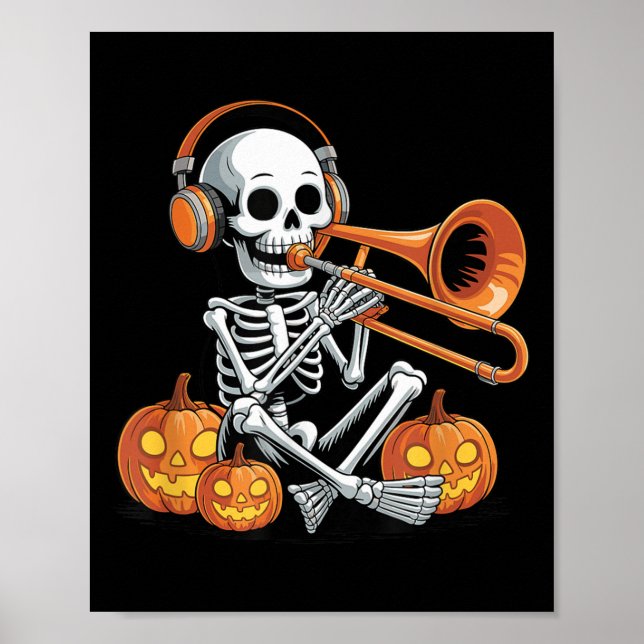 Póster Halloween Skeleton Trombone Trombonist  (Frente)
