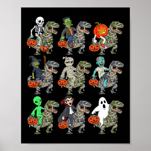 Póster Halloween Skeleton Zombie Riding Mummy T Rex Vampi (Frente)