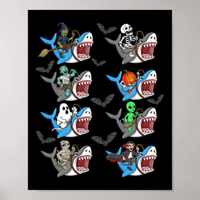 Póster Halloween Skeleton Zombie Riding Shark Mummy Vampi (Frente)