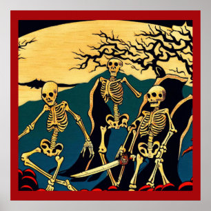 Póster Halloween - Skeletons Woodcut 4