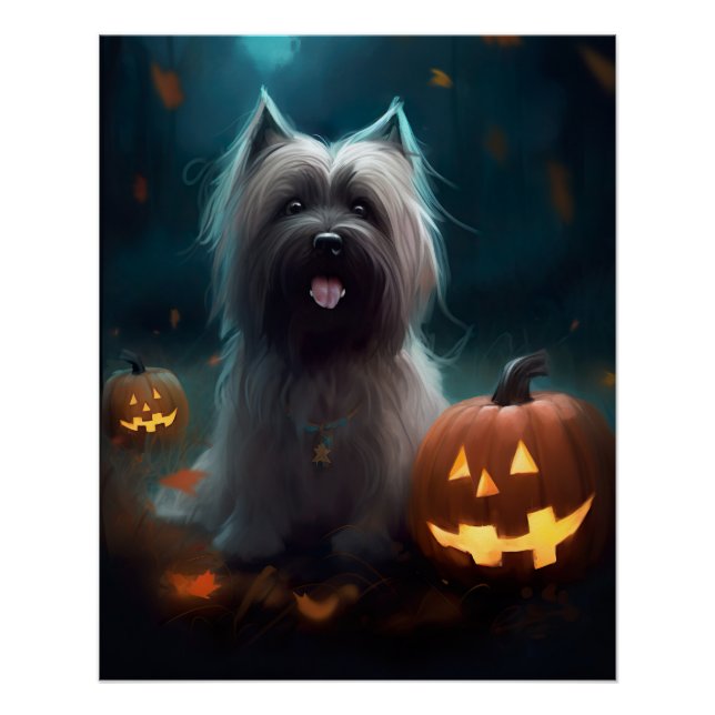 Póster Halloween Skye Terrier con calabazas aterradoras (Anverso)