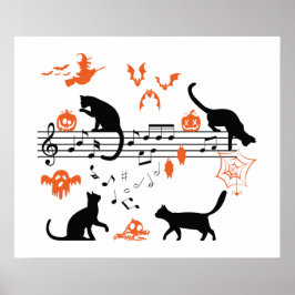 Póster Halloween Spooky and Scary Cats Play Music Note