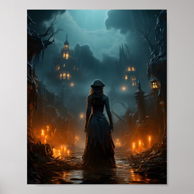 Póster Halloween Spooky Witch Haunting Old Town (Frente)