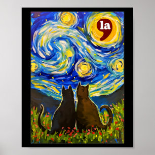 Póster Halloween Starry Night Black Cat Comma La Kamala H