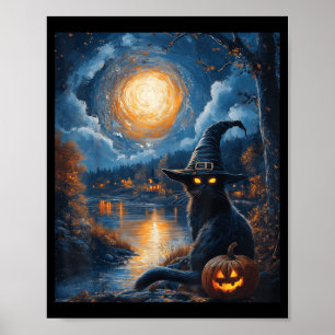 Póster Halloween Van Gogh Noche Estrellada Gato Negro Cal