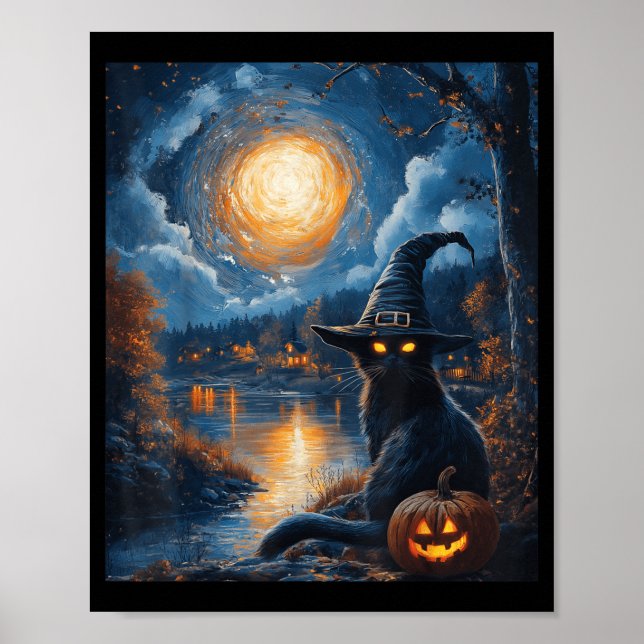 Póster Halloween Van Gogh Noche Estrellada Gato Negro Cal (Frente)