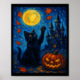 Póster Halloween Van Gogh Noche Estrellada Gato Negro Cal