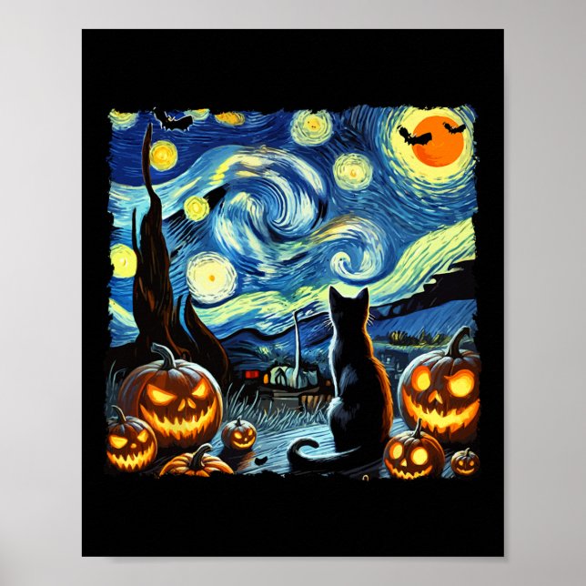 Póster Halloween Van Gogh Starry Night Black Cat (Frente)
