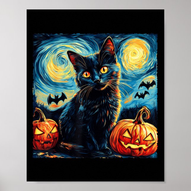 Póster Halloween Van Gogh Starry Night Black Cat Pumpkins (Frente)