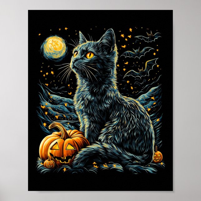 Póster Halloween Van Gogh Starry Night Black Cat Pumpkins (Frente)