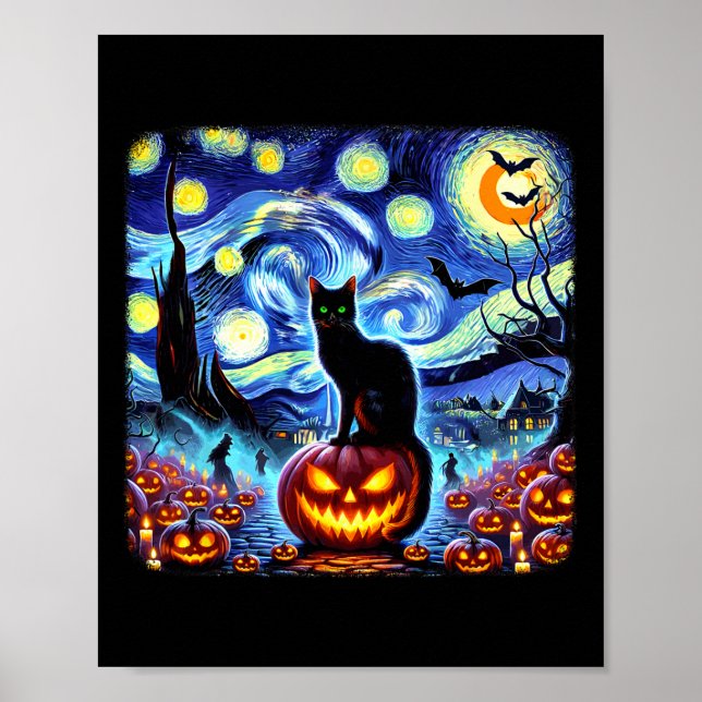 Póster Halloween Van Gogh Starry Night Black Cat Pumpkins (Frente)