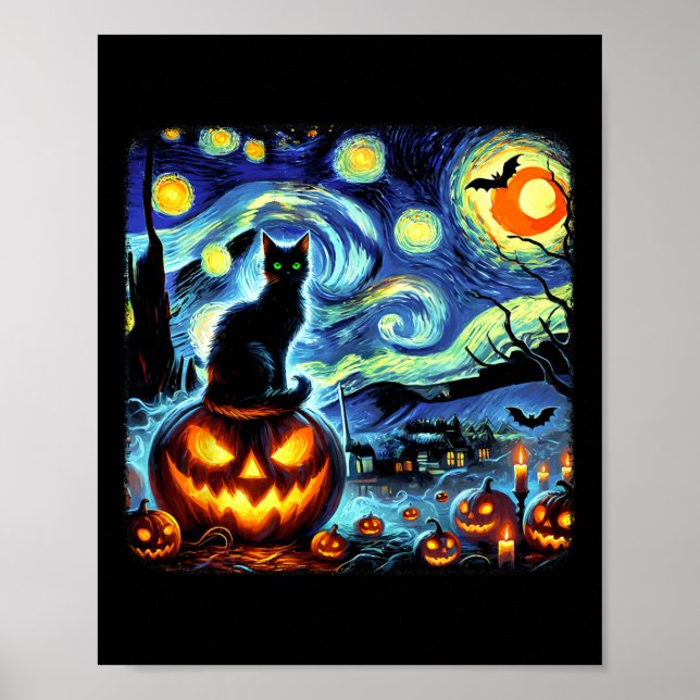 Póster Halloween Van Gogh Starry Night Black Cat Pumpkins (Frente)