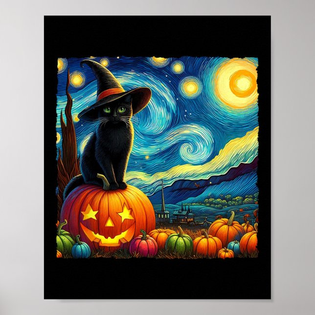 Póster Halloween Van Gogh Starry Night Black Cat Wbruja H (Frente)