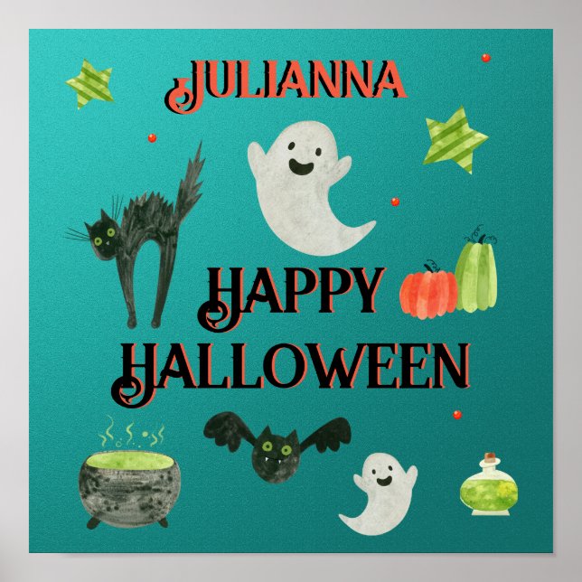 Póster Halloween Verde azulado y verde (Frente)