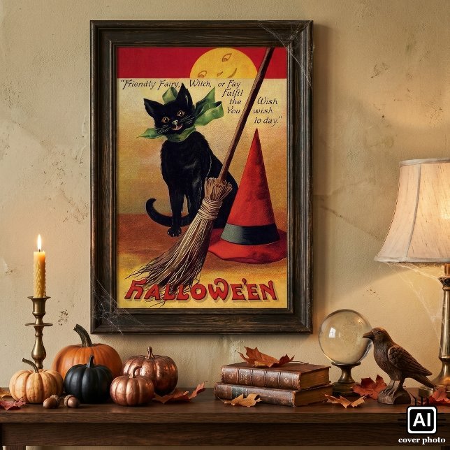 Póster Halloween vintage de Ellen Clapsaddle, gato negro (Vintage illustration Halloween design featuring a black cat with a witch's hat and broomstick.)