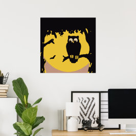 Póster Halloween vintage, lechuza fantasmal en árbol con