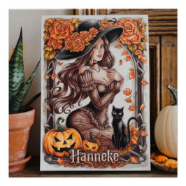 Póster Halloween Wall Art: Mujer con Gorra y Naranja negr