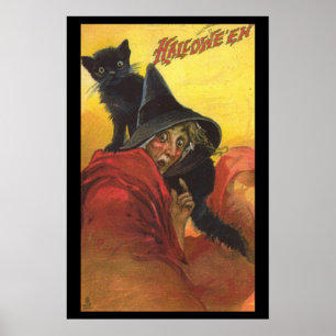 Póster Halloween Witch And Black Cat Poster