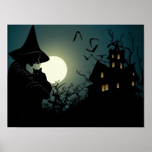 Póster Halloween: witch and hounted house