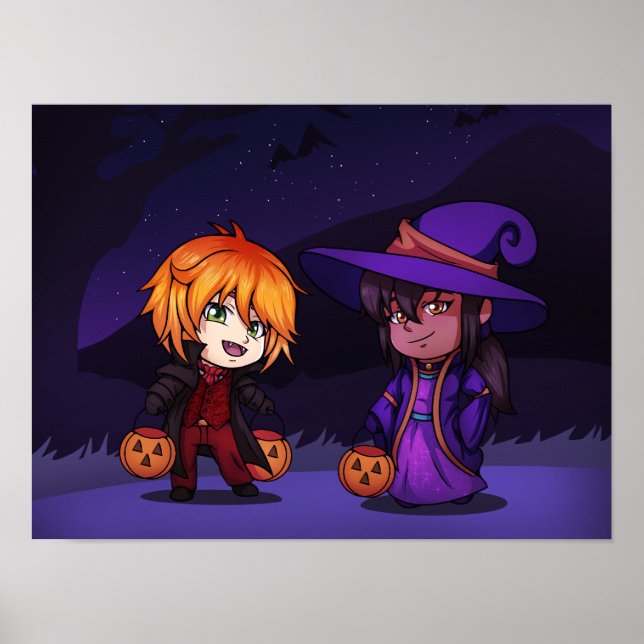 Póster Halloween Witch and Vampire Chibi (Frente)