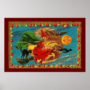 Póster Halloween witch Flying Poster In Red