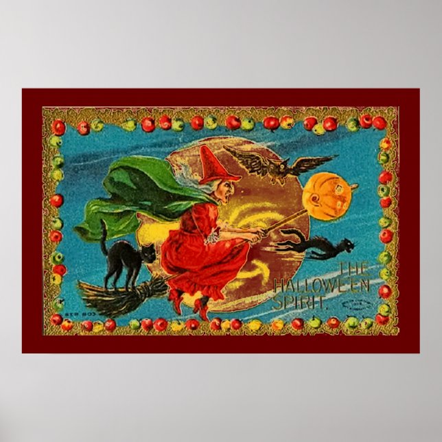 Póster Halloween witch Flying Poster In Red (Frente)