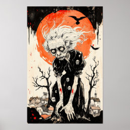 Póster Halloween Witch Ghoul Estilo Woodblock