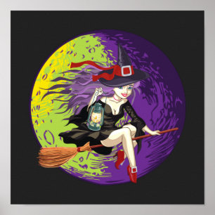 Póster Halloween Witch Riding Broom