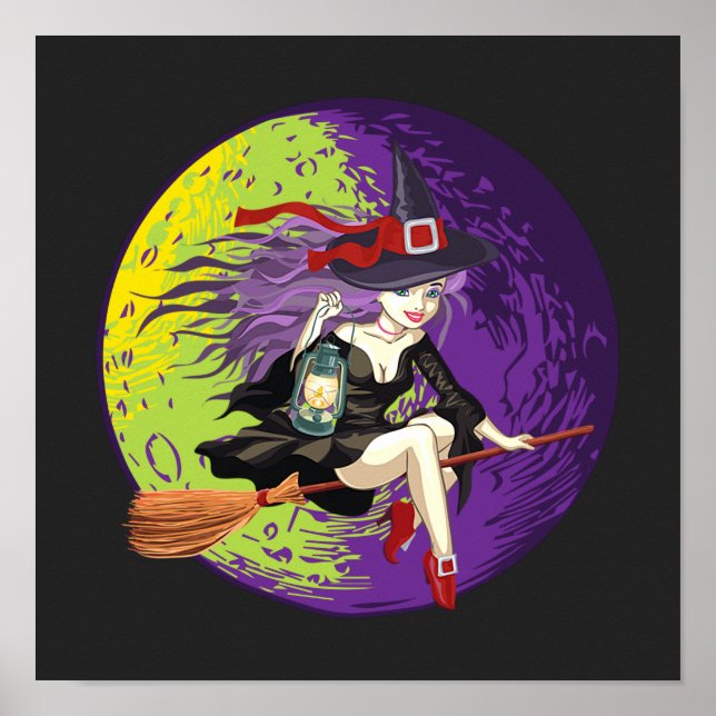 Póster Halloween Witch Riding Broom (Frente)