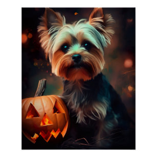 Póster Halloween Yorkshire Terrier con calabazas temerosa