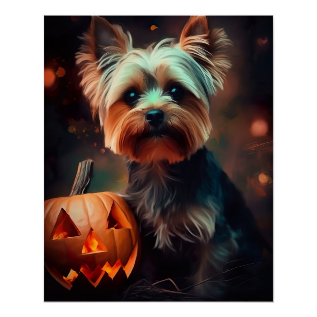 Póster Halloween Yorkshire Terrier con calabazas temerosa (Anverso)