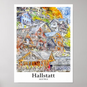 Póster Hallstatt Austria Traer mano a color de agua de vi