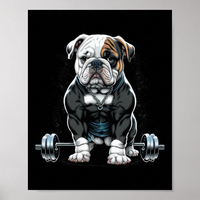 Póster Halterofilia Perro Diversión Fitness Gym Bulldog (Frente)