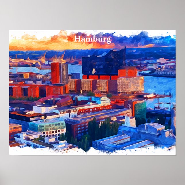 Póster Hamburgo Alemania City View Watercolor (Frente)