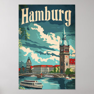 Póster Hamburgo Alemania Ilustracion de Viaje Retro Vinta