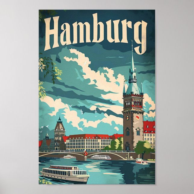 Póster Hamburgo Alemania Ilustracion de Viaje Retro Vinta (Frente)