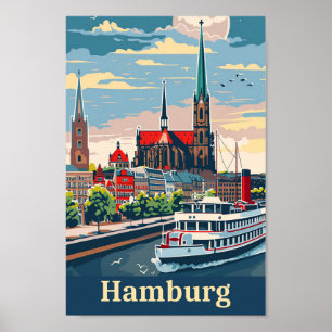 Póster Hamburgo Alemania Ilustracion de Viaje Retro Vinta