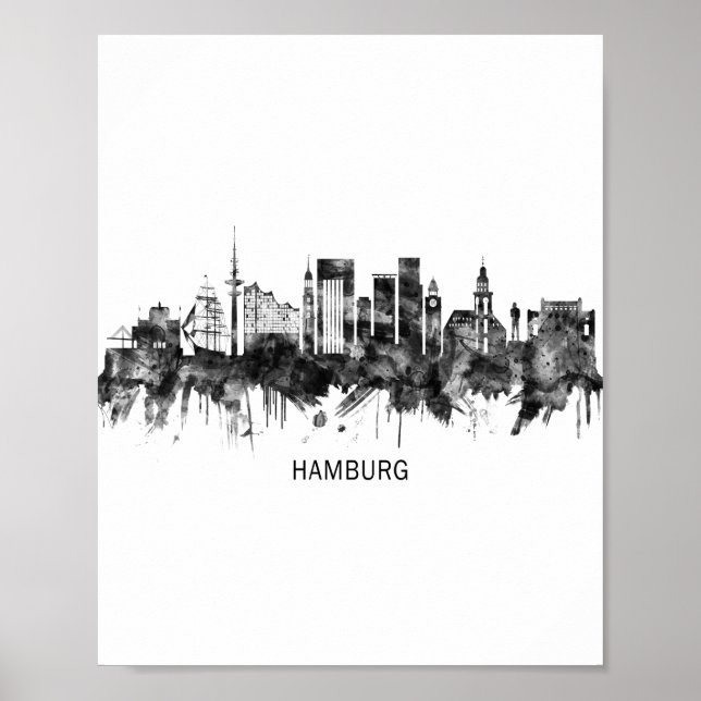 Póster Hamburgo Alemania Skyline BW (Frente)