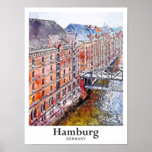 Póster Hamburgo Alemania Trae mano acuarela