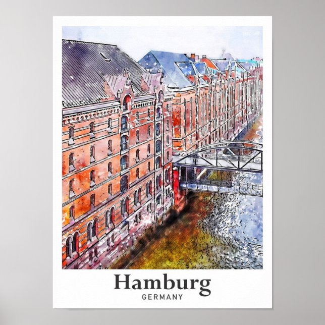 Póster Hamburgo Alemania Trae mano acuarela (Frente)