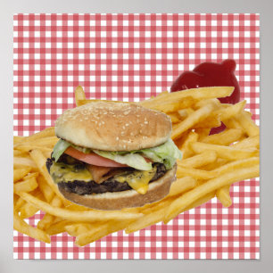 Póster Hamburguesa, patatas fritas, fondo a cuadros rojos
