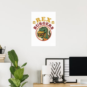 Póster Hamburguesas Retro Rex T-Rex Comiendo Hamburguesa