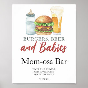 Póster hamburguesas y cerveza baby shower Momosa bar